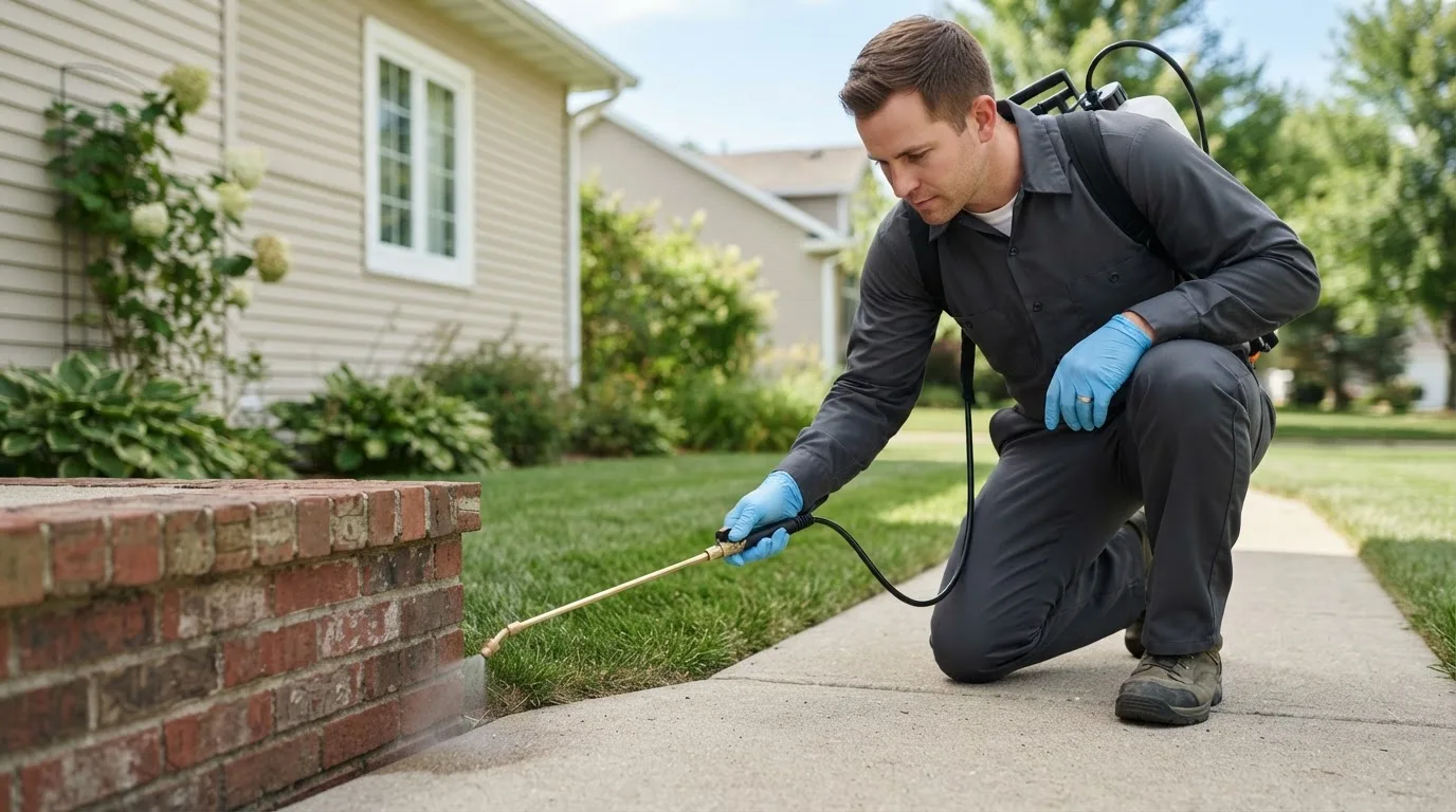 Pest control technician treating a home near Rindge, NH